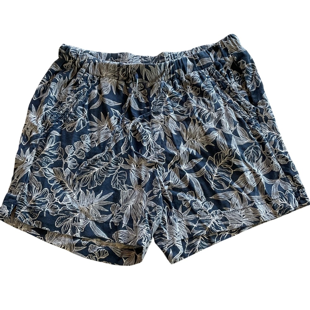 Briggs Linen Blend Shorts Womens Medium‎ Navy Blue Tropical Floral Drawstring